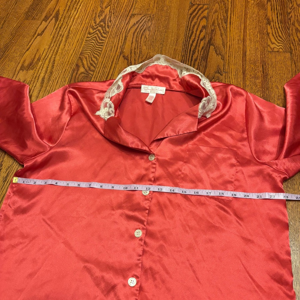 Oscar de la Renta Pink Label Vintage Y2K Red Satin Lace Trim Pajama Top Large - Picture 5 of 6